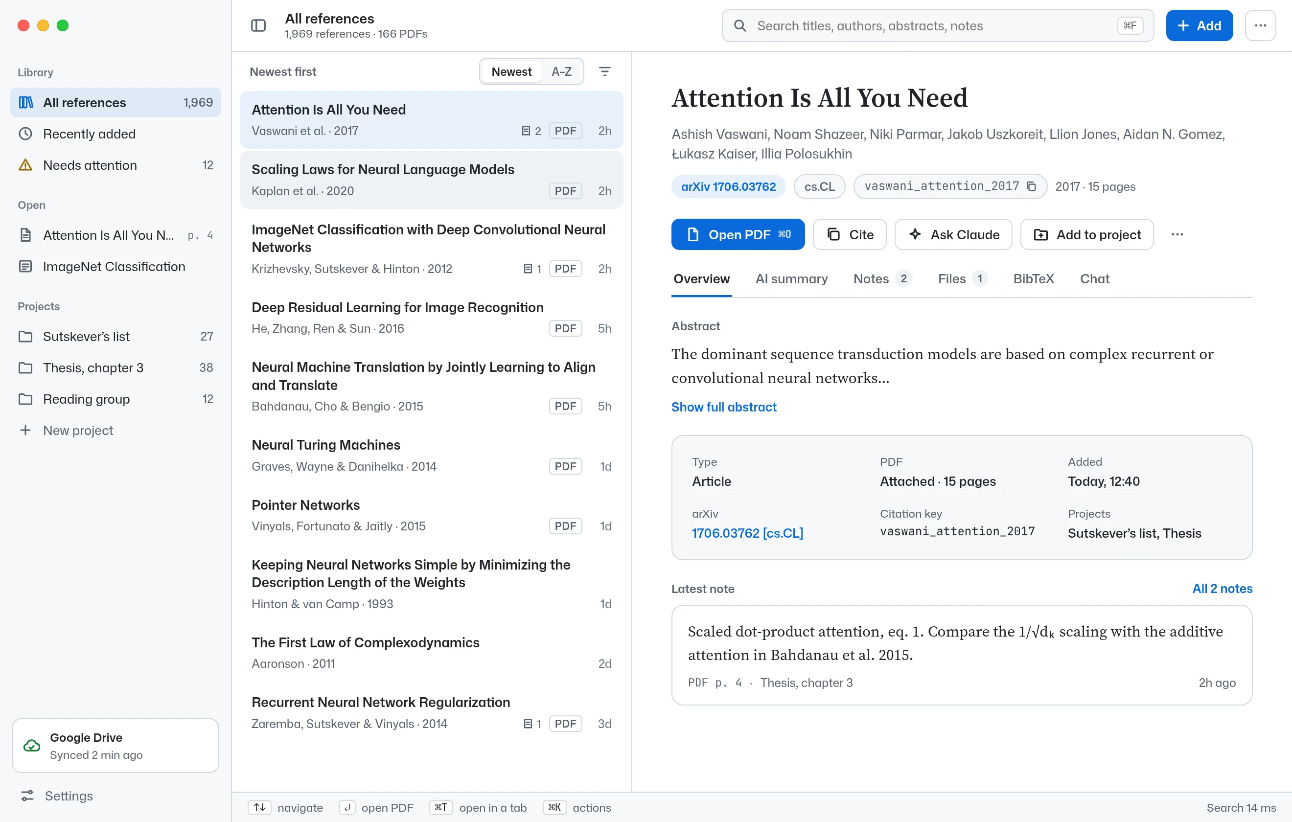 Omabib's library: projects in the sidebar, a list of papers, and Attention Is All You Need open in the detail pane with its abstract, citation key and a note.