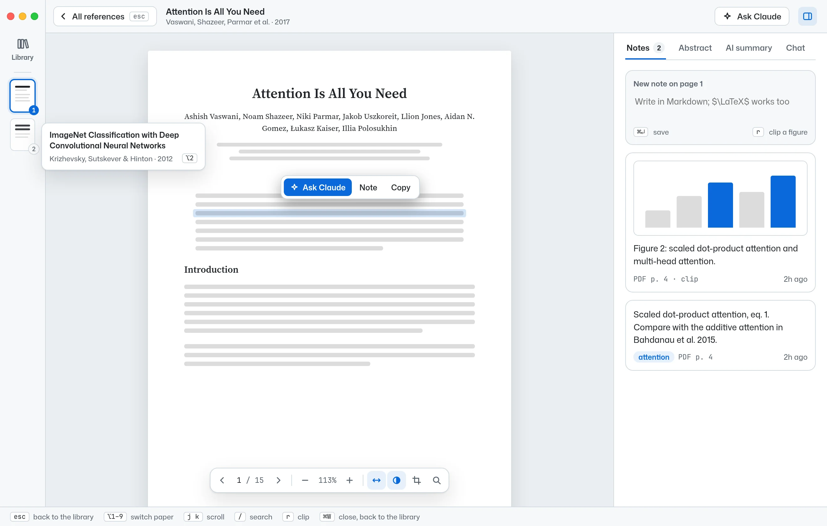 Attention Is All You Need open in a reader tab, with notes and a clipped figure in the side pane.