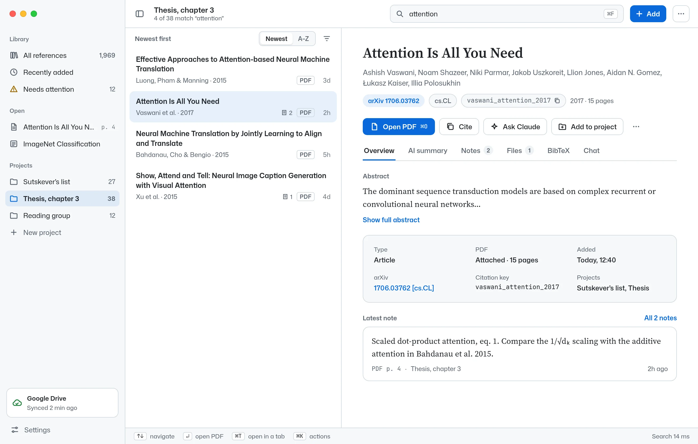Searching a thesis project for attention: four matching papers, the second selected.